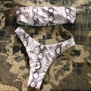 Snake print bandeau and high cut bikini